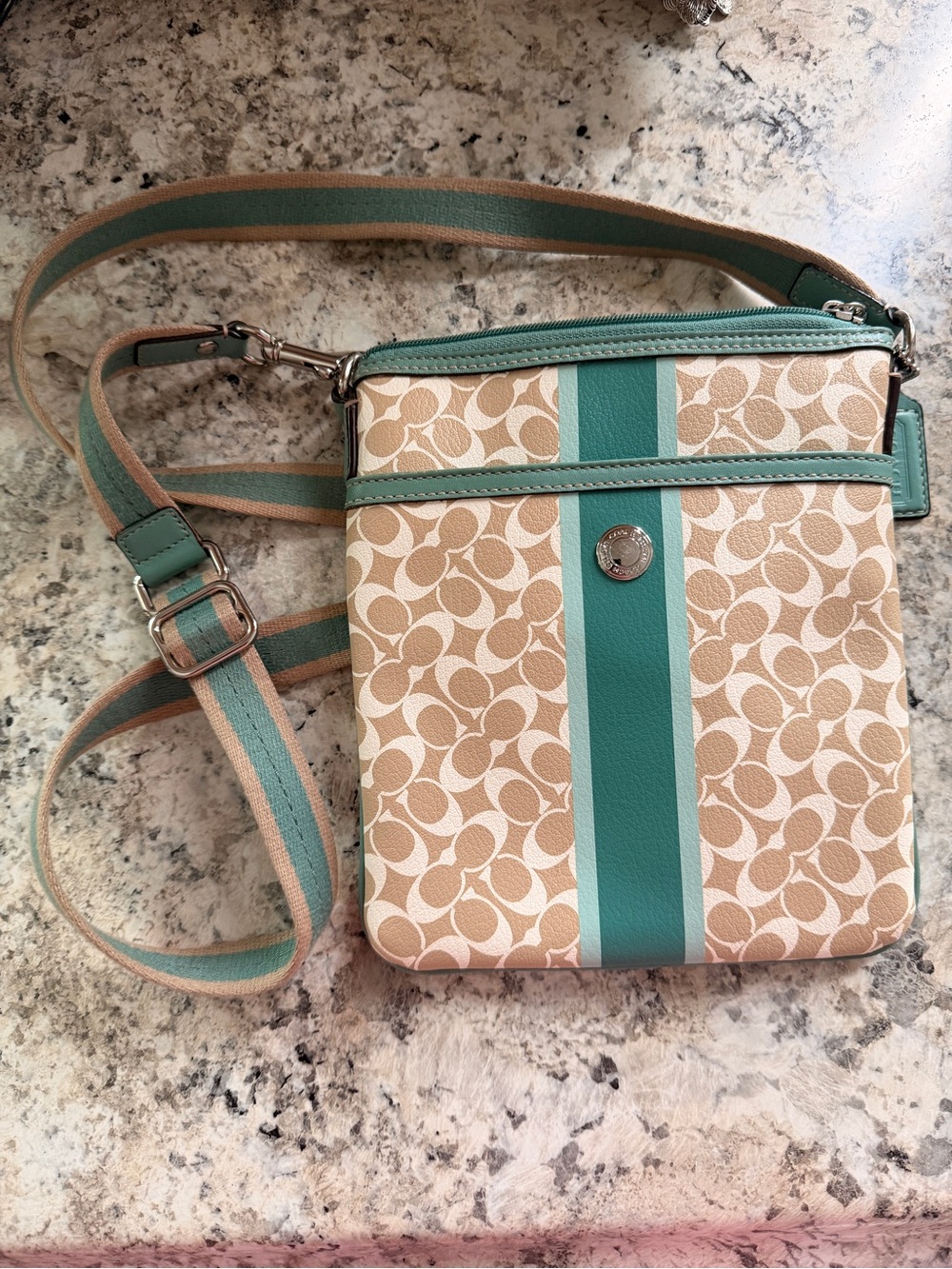 Coach Teal and Tan Signature Crossbody Bag